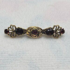 Vtg Gold-Tone Bar Brooch With Red Gem Accents & Filigree Victorian Revival